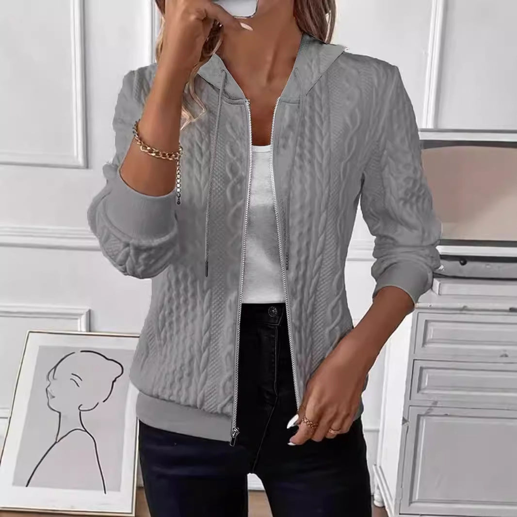 Women's Knitted Zipper Hoodie Coat - Long Sleeve Slim Fit Cardigan