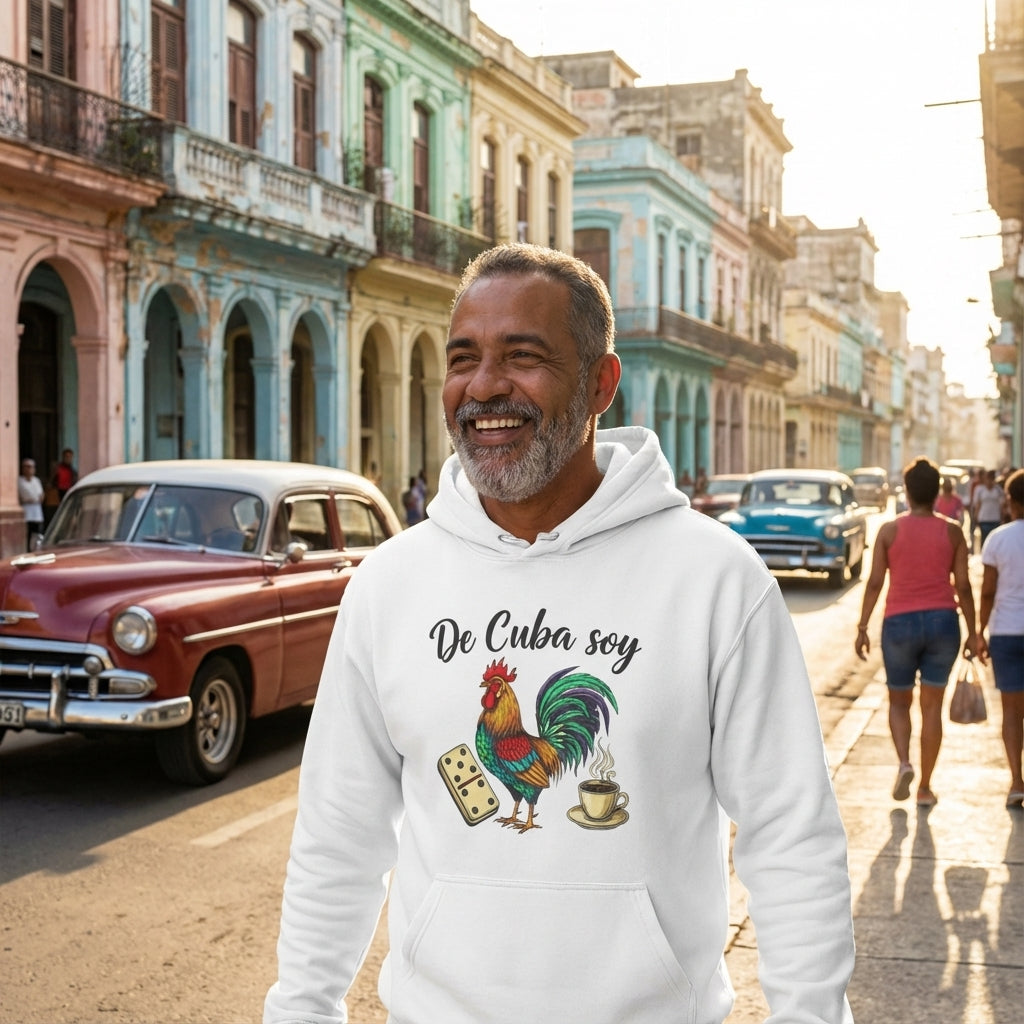 Man wearing a hoodie with a rooster design and text in a colorful street setting