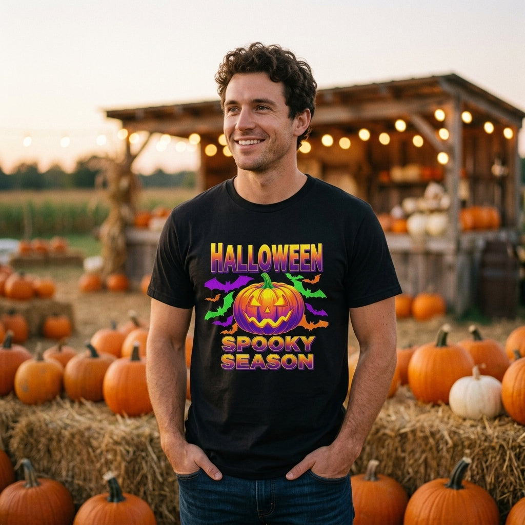 Retro Halloween T-Shirt | Neon Pumpkin & Bats 'Spooky Season' Tee | 80s/90s Style