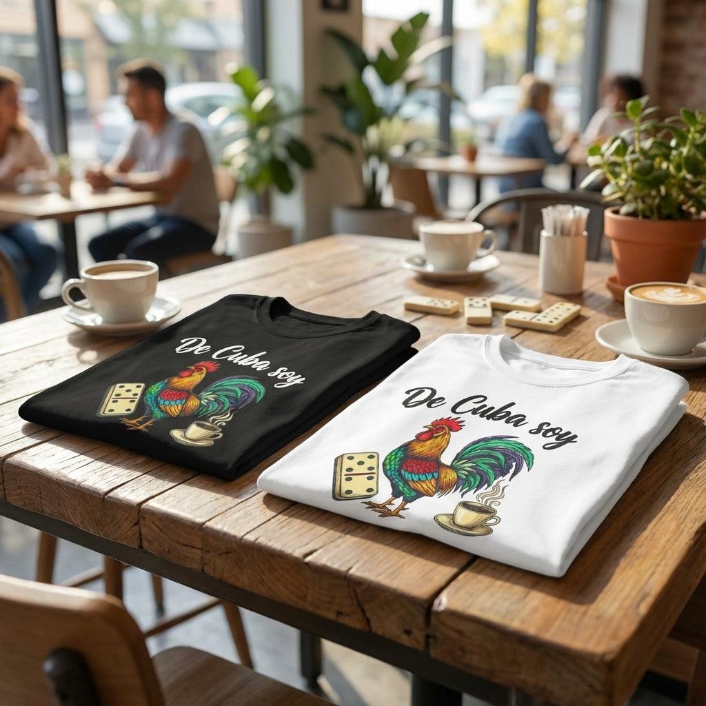 Two t-shirts with a rooster design on a wooden table in a cafe.