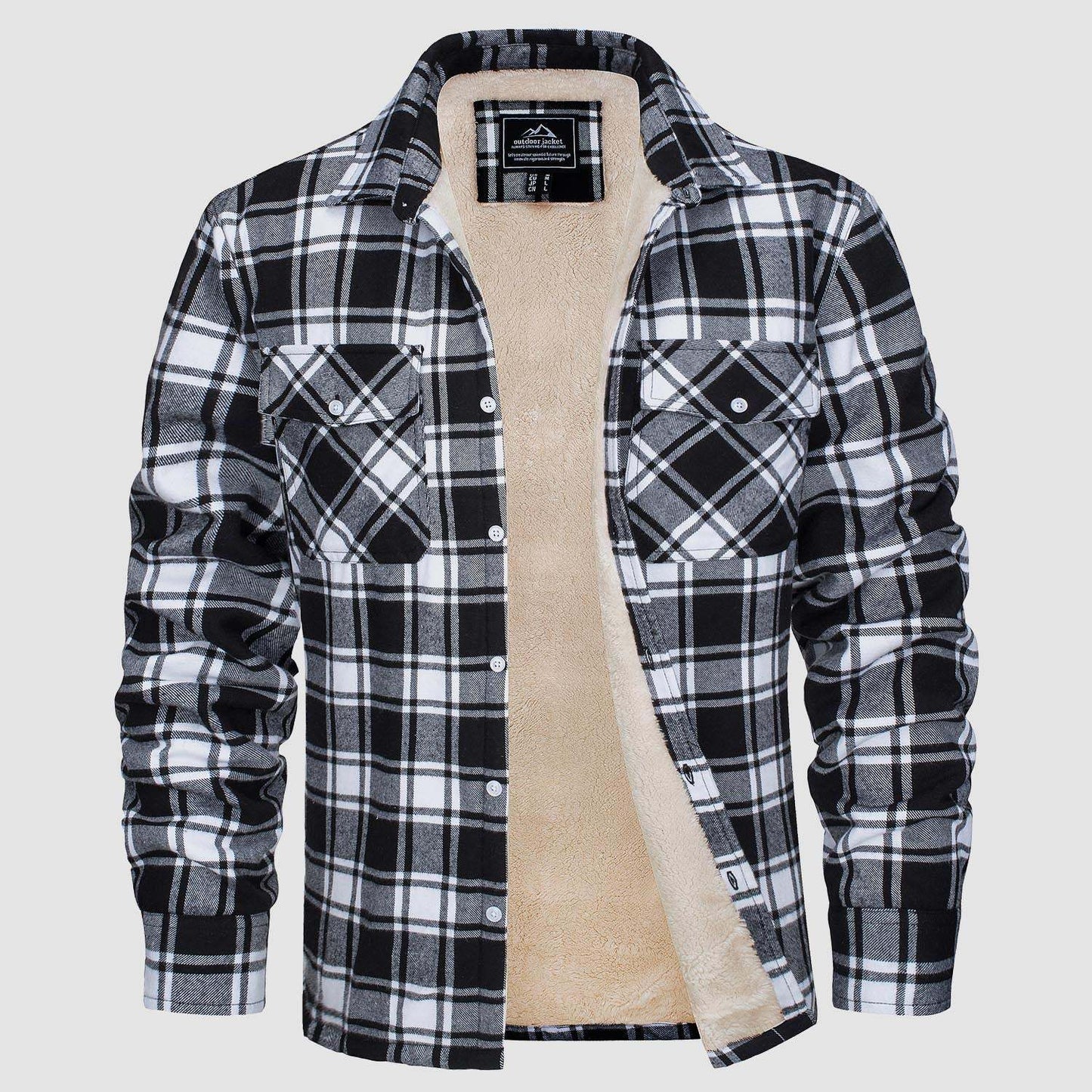 Men's Fleece-Lined Plaid Jacket - Long Sleeve Lapel Collar Winter Coat