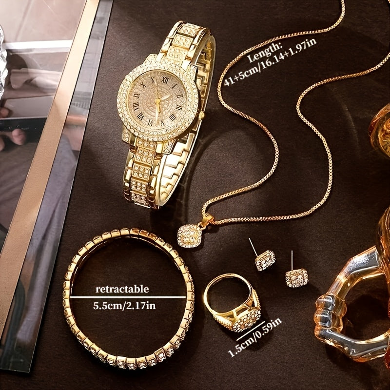 5-Piece Gold Jewelry Set - Watch, Ring, Necklace & Earrings Collection