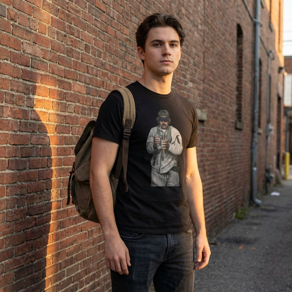 Man wearing a black t-shirt with a graphic design, standing against a brick wall.