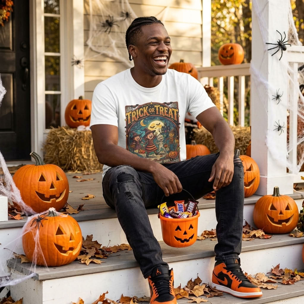 Trick or Treat Halloween T-Shirt, Vintage Moonlit Pumpkin Design