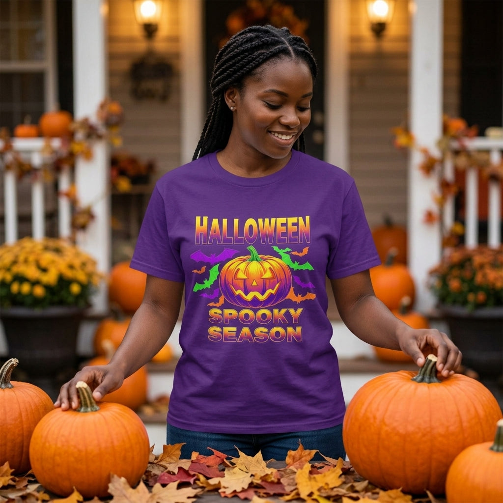Retro Halloween T-Shirt | Neon Pumpkin & Bats 'Spooky Season' Tee | 80s/90s Style