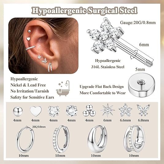 Collection of hypoallergenic surgical steel earrings with ear display and specifications.