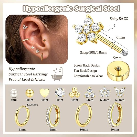 Gold earring with clear gemstones displayed on a beige background, showing close-up of ear wearing the earring.