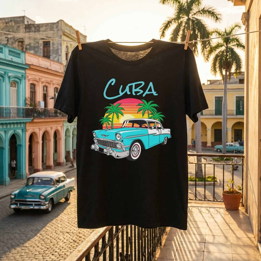 Black t-shirt with 'Cuba' design featuring a vintage car and palm trees, hanging on a clothesline with a colorful building and classic car in the background.
