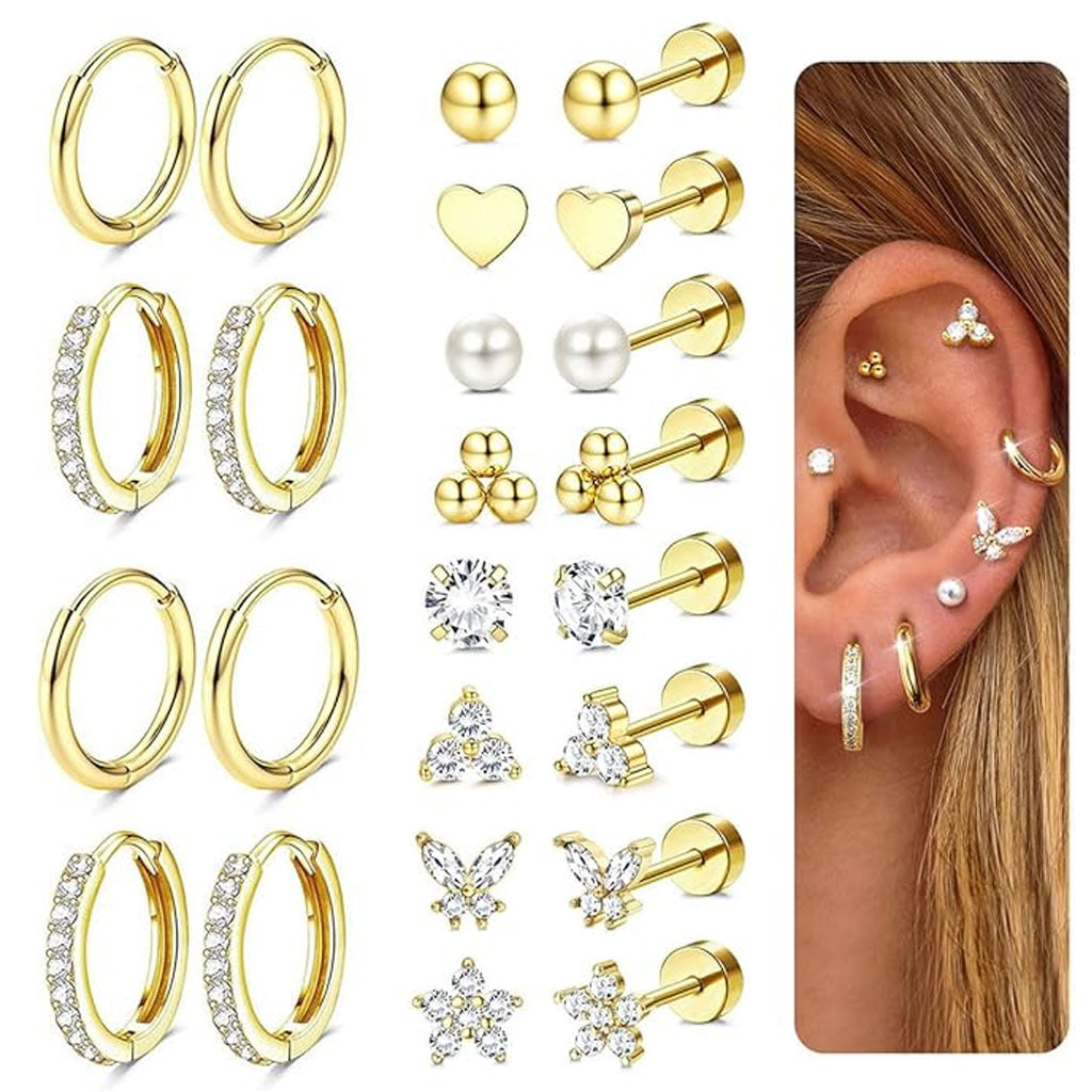 Collection of gold earrings including hoops, studs, and butterfly designs with an ear model on the right.
