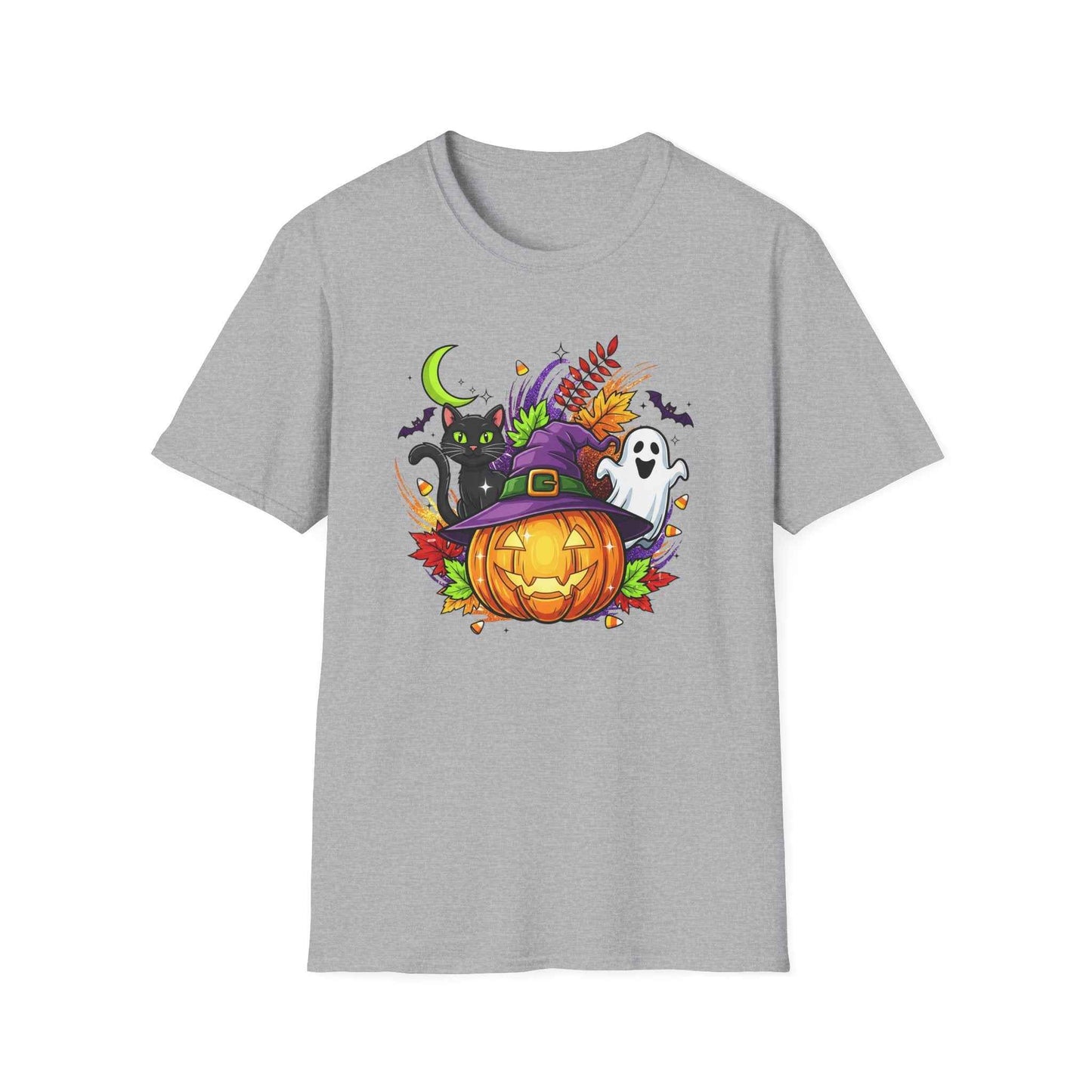 Halloween T-Shirt, Witch Hat Pumpkin, Black Cat and Ghost