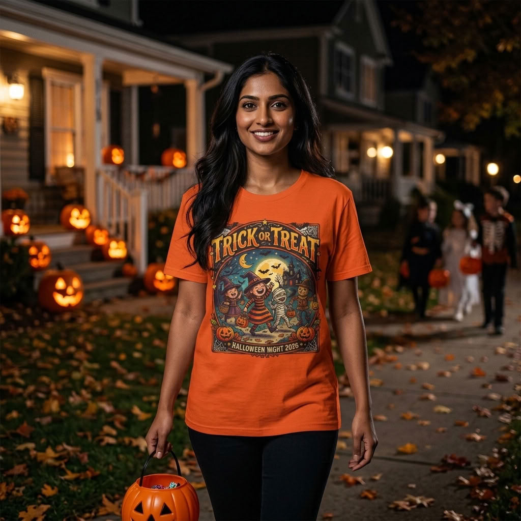 Trick or Treat Halloween T-Shirt, Vintage Moonlit Pumpkin Design