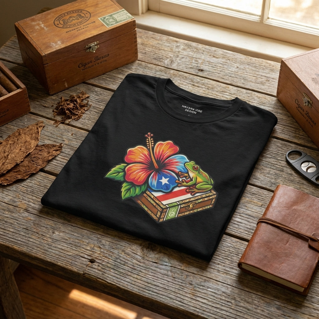 Black t-shirt with colorful graphic design on a wooden surface