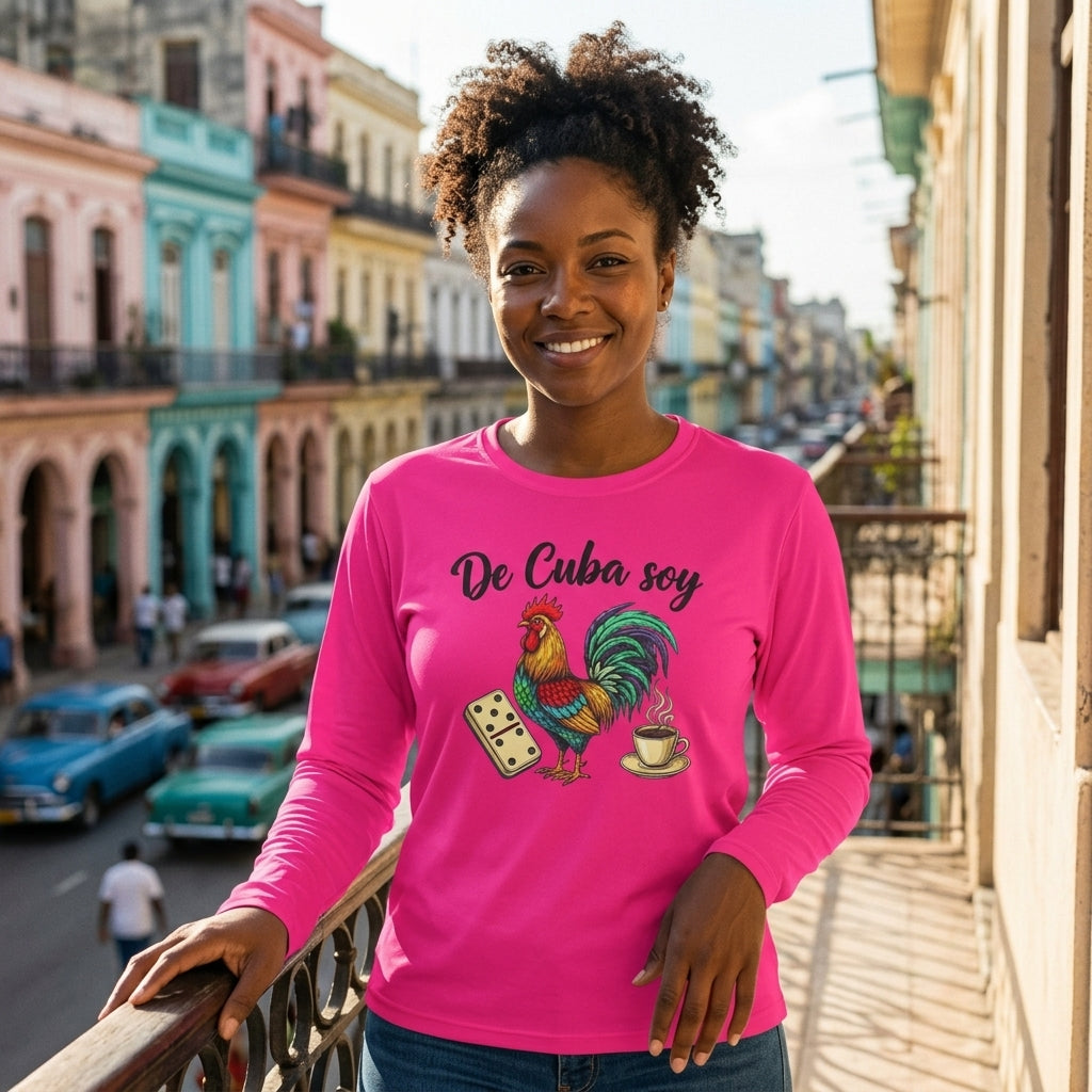 De Cuba Soy Long Sleeve Tee - Cuban Cultural Long Sleeve Tee with Rooster, Domino, and Coffee Design