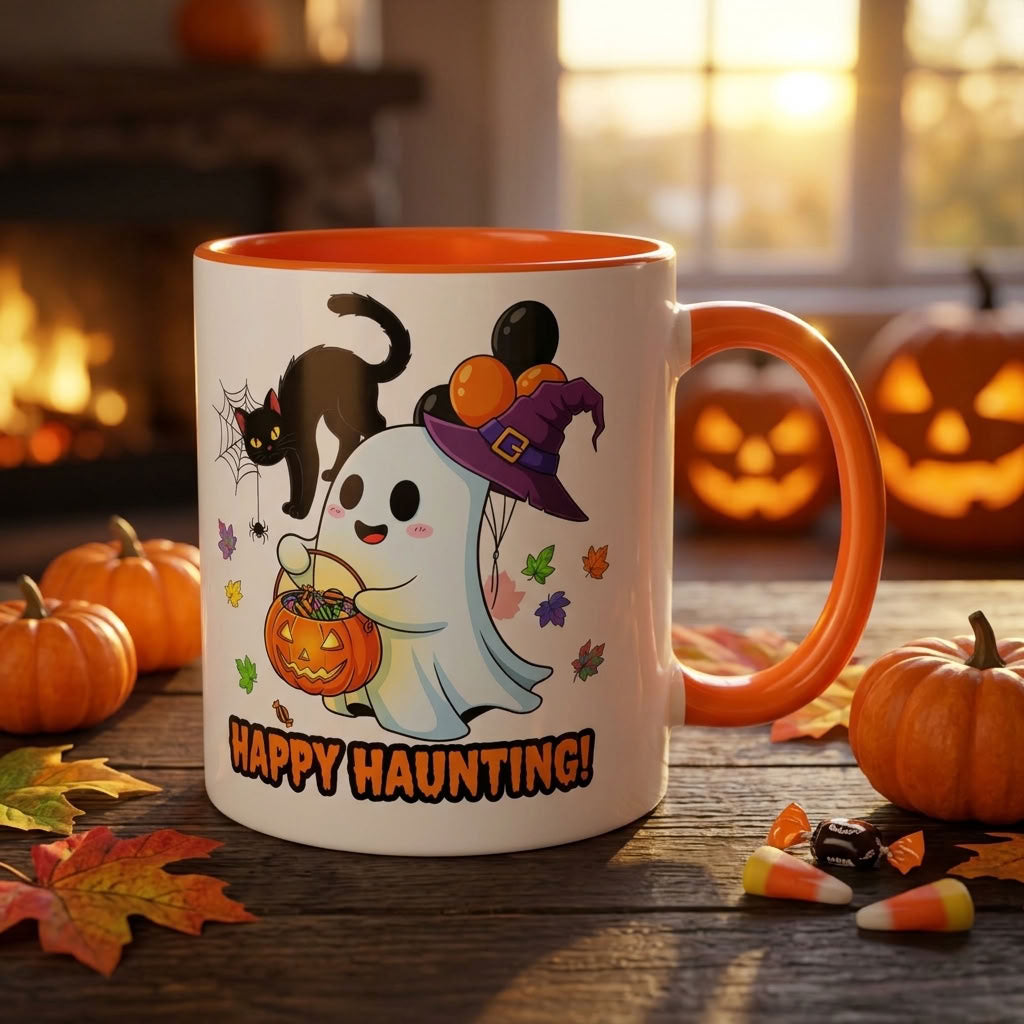 Happy Haunting! Halloween Ghost Coffee Mug | Ghost, Black Cat & Pumpkin Design | 11oz & 15oz