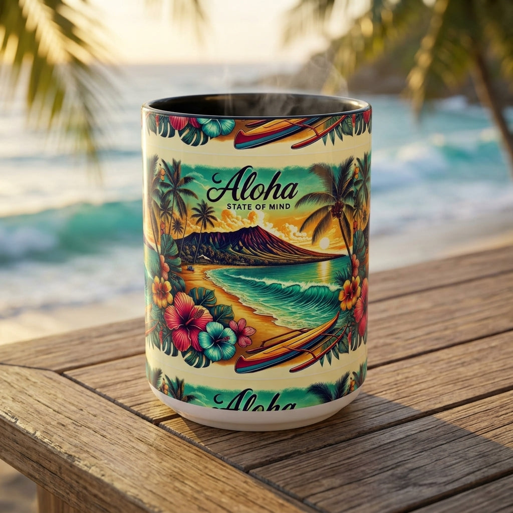 A ceramic mug with a colorful Hawaii-themed 'Aloha State of Mind' graphic print sits on a wooden table with a blurred beach and palm tree background.