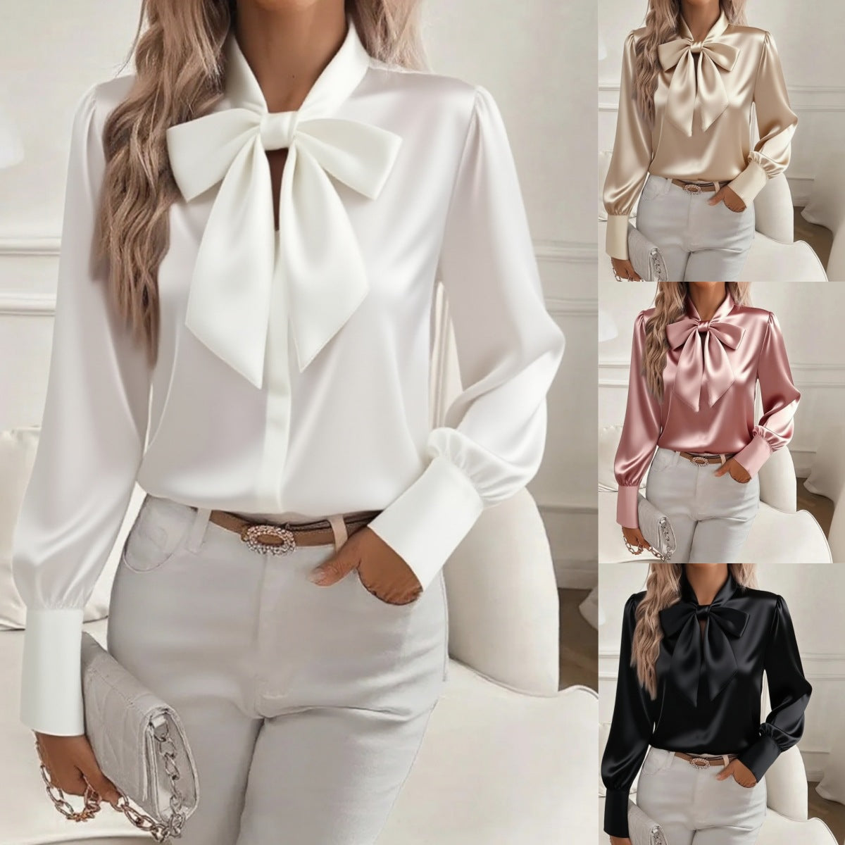 Women's Bow-tie Blouse - Fashion Lace-up Pullover Long Sleeve Commuter Top