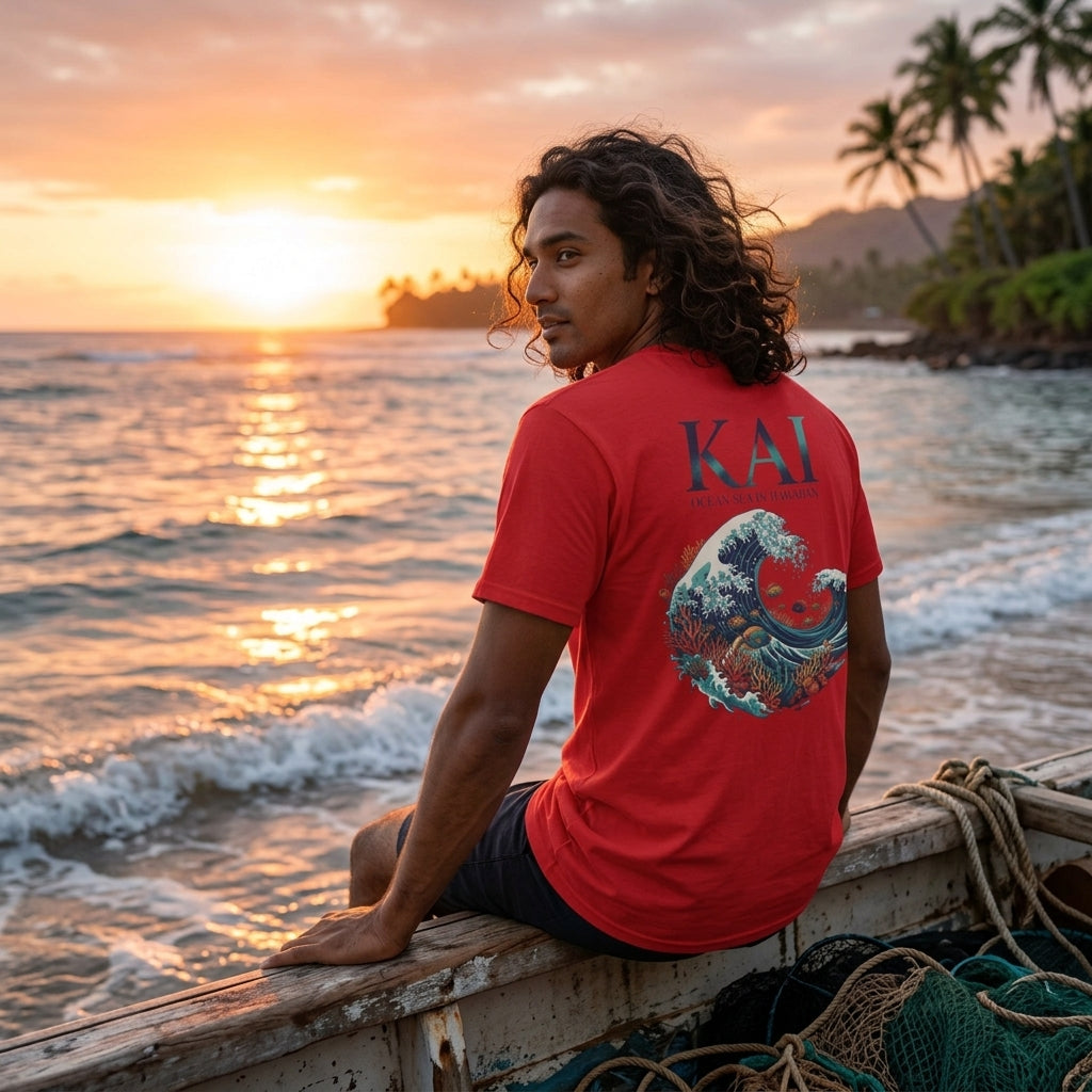 A man with long curly hair sits on the edge of a boat at sunset by the ocean, wearing a red graphic T-shirt with 'KAI' printed on the back above a large wave illustration.