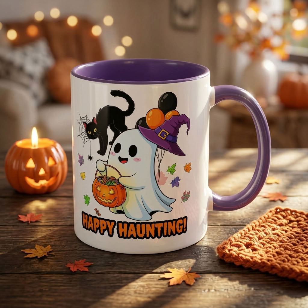Happy Haunting! Halloween Ghost Coffee Mug | Ghost, Black Cat & Pumpkin Design | 11oz & 15oz