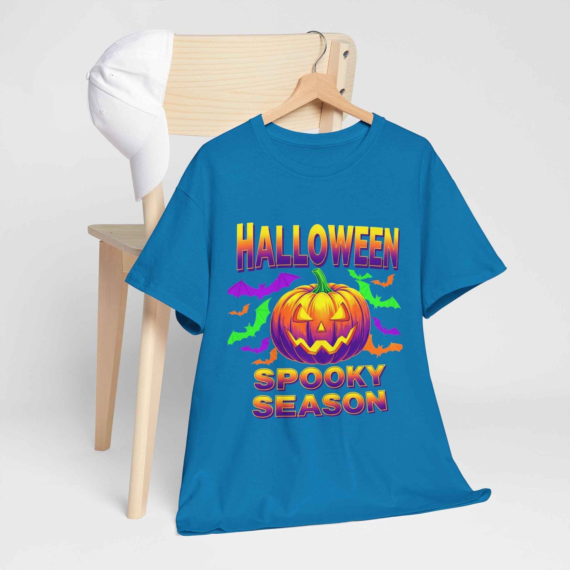 Retro Halloween T-Shirt - Neon Pumpkin & Bats 'Spooky Season' Tee - 80s/90s Style