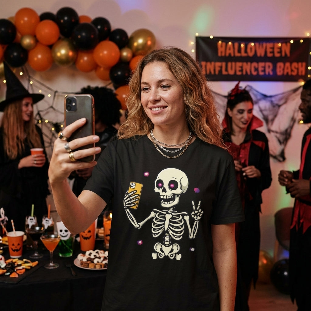 Skeleton Selfie T-Shirt | Funny Spooky Skull Halloween Graphic Tee