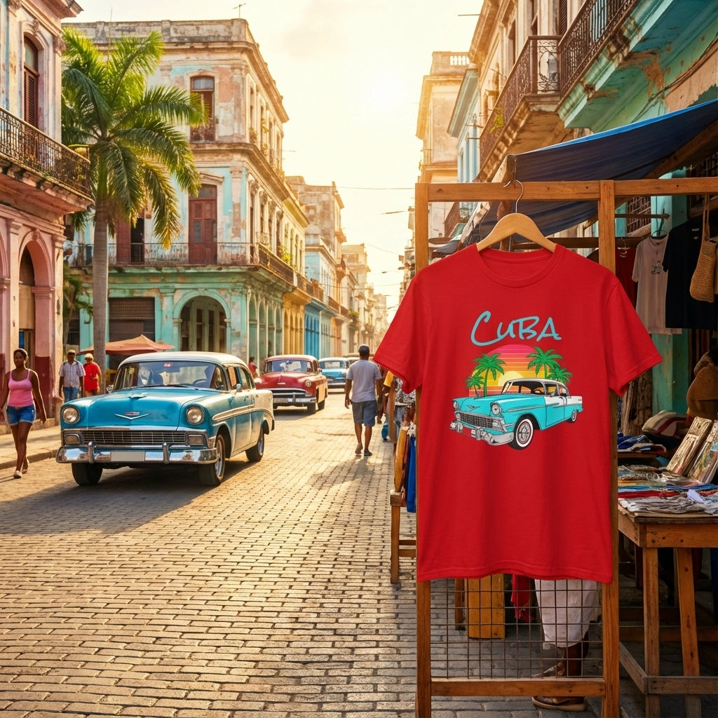 Red t-shirt with 'Cuba' design on a stand in front of a vintage car and colorful buildings.