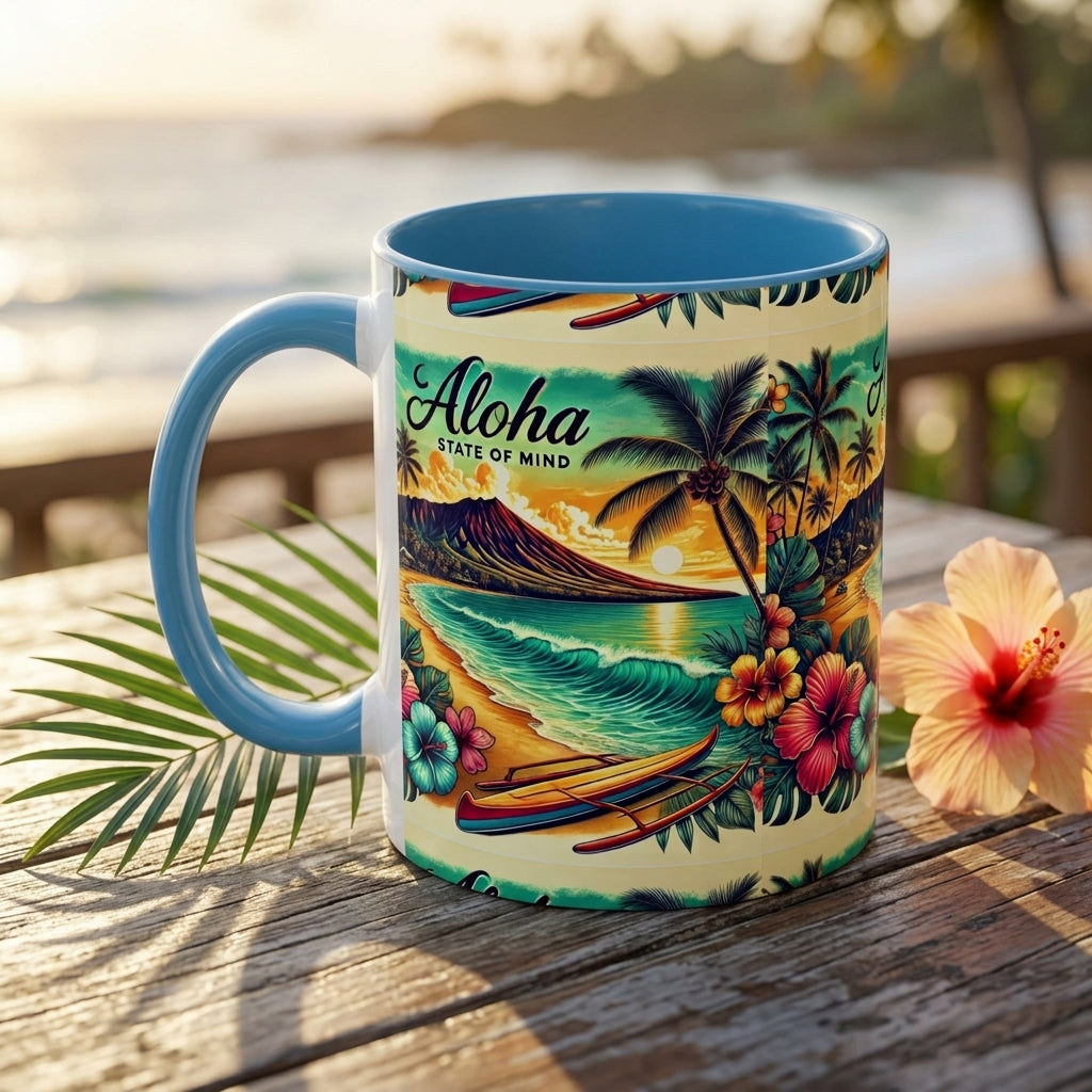 A ceramic coffee mug with a blue handle and interior, featuring a colorful Hawaii-themed tropical print with palm trees, waves, flowers, and the text 'Aloha State of Mind'. The mug is placed on a wooden table outdoors with a blurred beach background and a hibiscus flower nearby.
