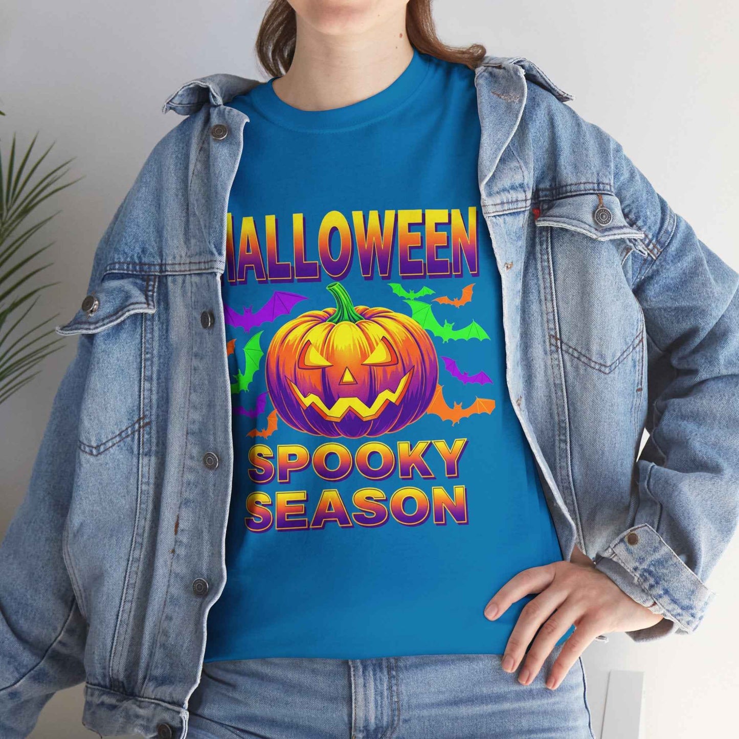 Retro Halloween T-Shirt - Neon Pumpkin & Bats 'Spooky Season' Tee - 80s/90s Style