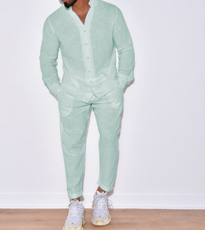 Men's Linen Lounge Suit - 2-Piece Solid Color Shirt & Pants Set
