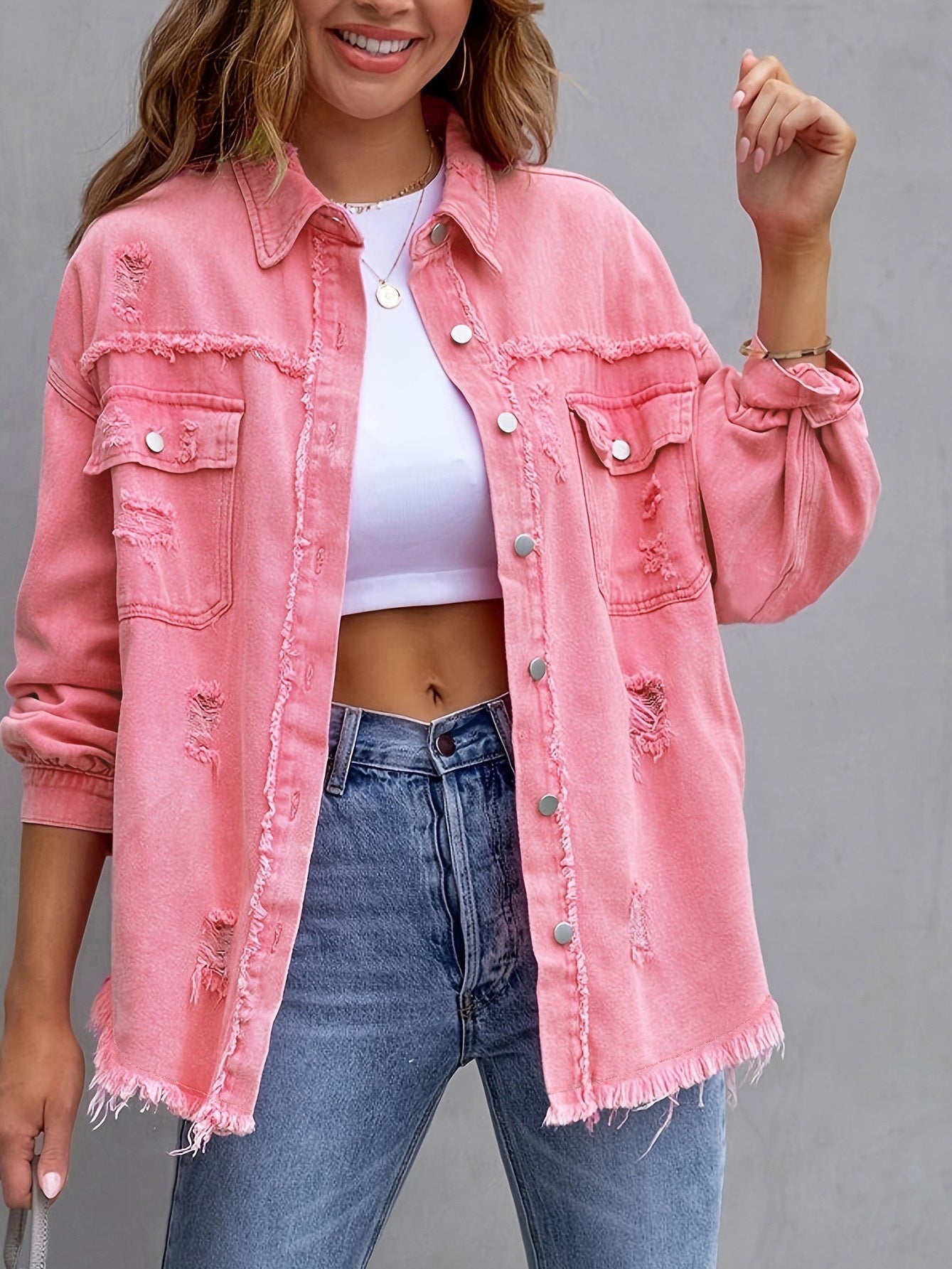 Women's Ripped Denim Shirt Jacket - Casual Loose Fit Long Sleeve Coat