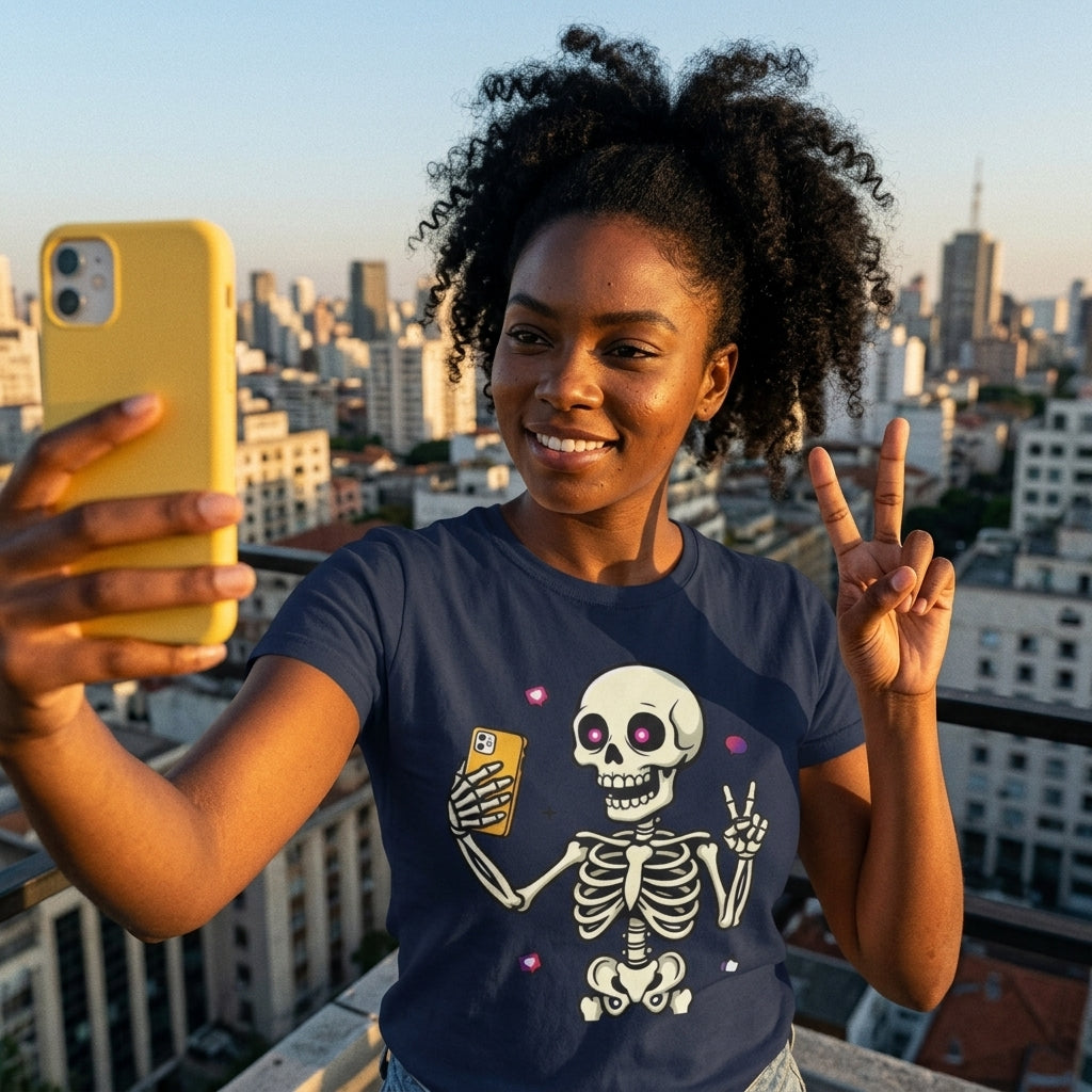 Skeleton Selfie T-Shirt | Funny Spooky Skull Halloween Graphic Tee
