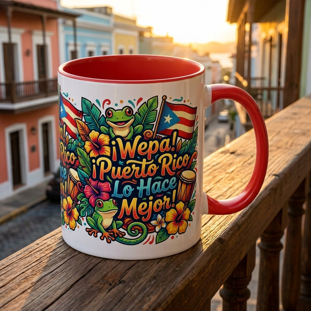 Wepa! Puerto Rico Lo Hace Mejor Accent Coffee Mug | Puerto Rican Flag, Coquí, Floral Design
