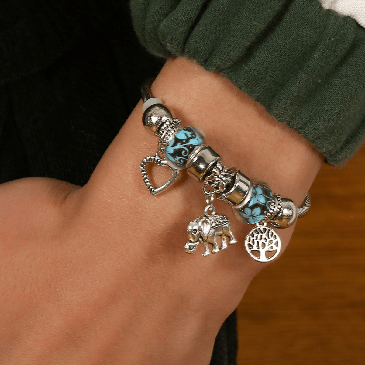 925 Sterling Silver Ocean Bracelet - Bohemian Elephant & Tree of Life Charm