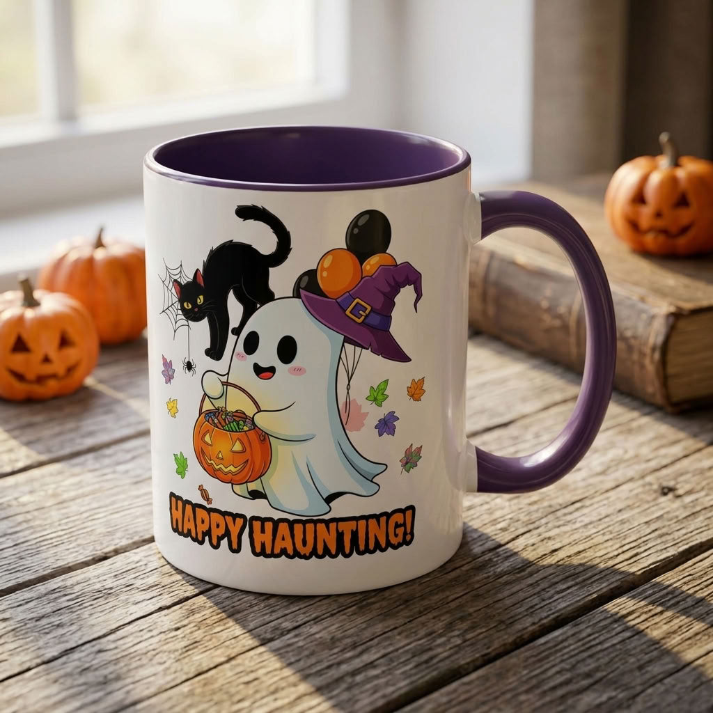 Happy Haunting! Halloween Ghost Coffee Mug | Ghost, Black Cat & Pumpkin Design | 11oz & 15oz