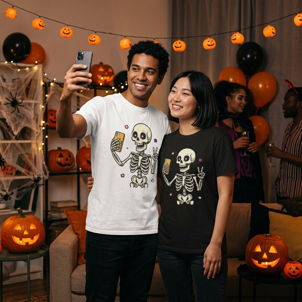 Skeleton Selfie T-Shirt | Funny Spooky Skull Halloween Graphic Tee