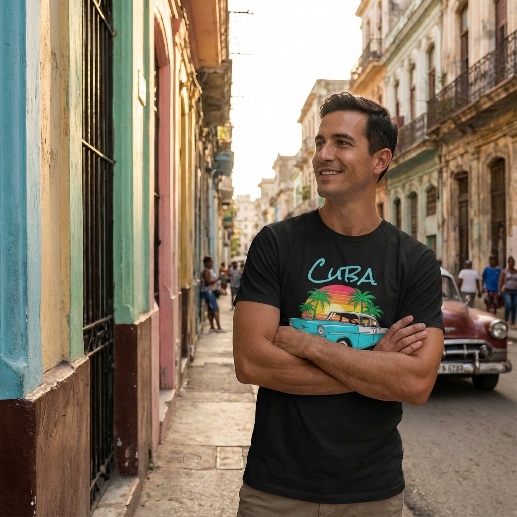 Man wearing a black 'Cuba' t-shirt with a colorful graphic in a street setting.