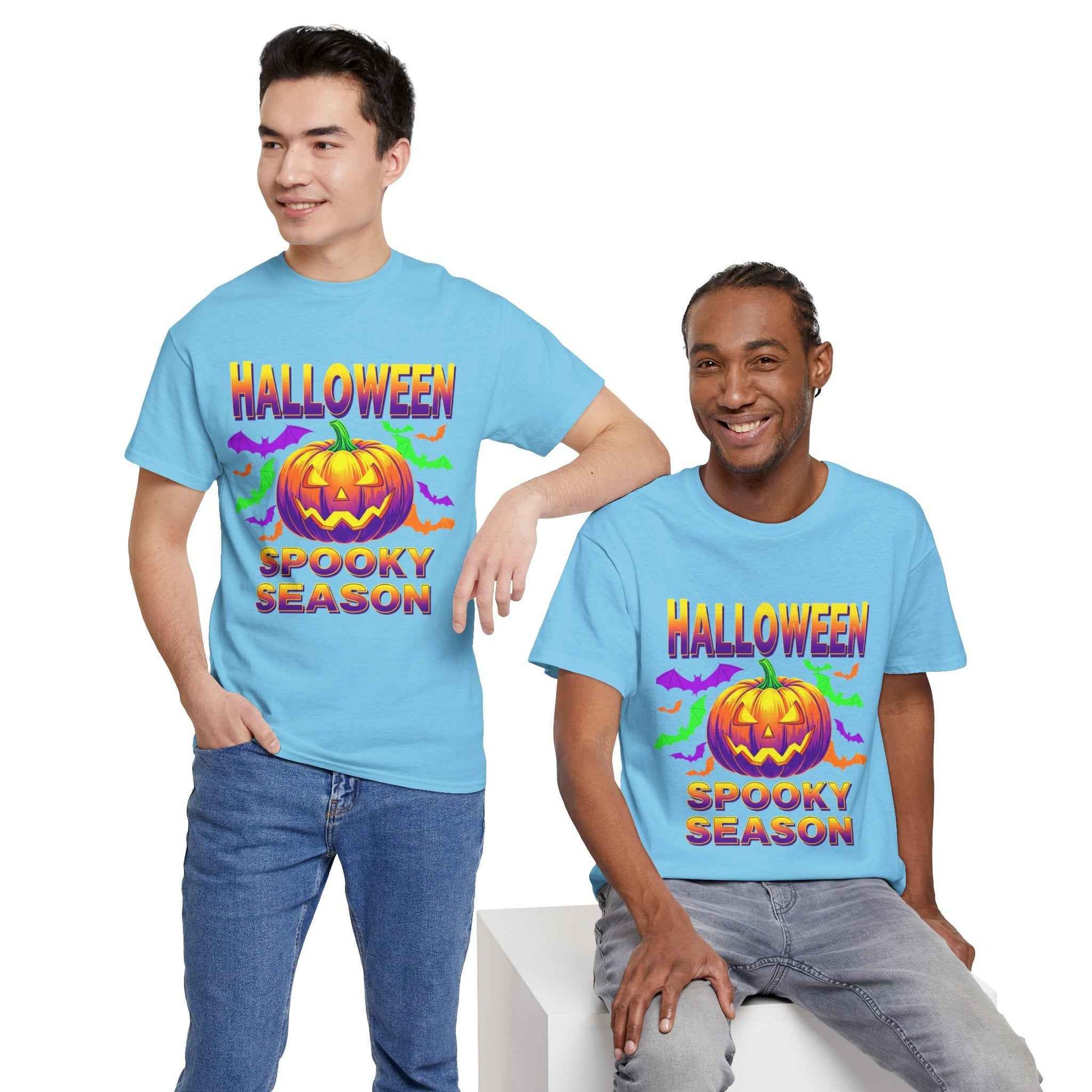 Retro Halloween T-Shirt - Neon Pumpkin & Bats 'Spooky Season' Tee - 80s/90s Style