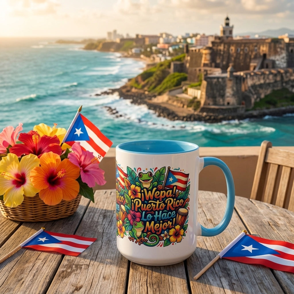Wepa! Puerto Rico Lo Hace Mejor Accent Coffee Mug | Puerto Rican Flag, Coquí, Floral Design