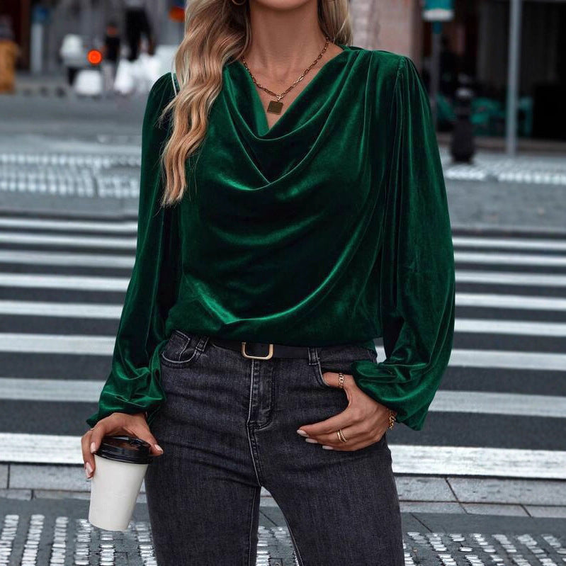 Women's Pile Collar Pullover Top - Loose Fit Long Sleeve Solid Color Shirt