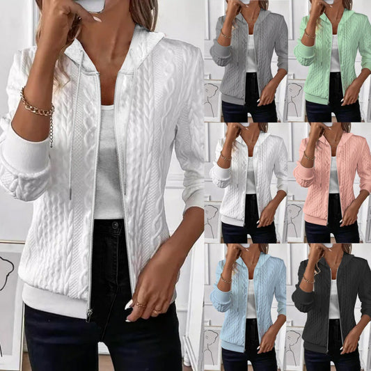 Women's Knitted Zipper Hoodie Coat - Long Sleeve Slim Fit Cardigan