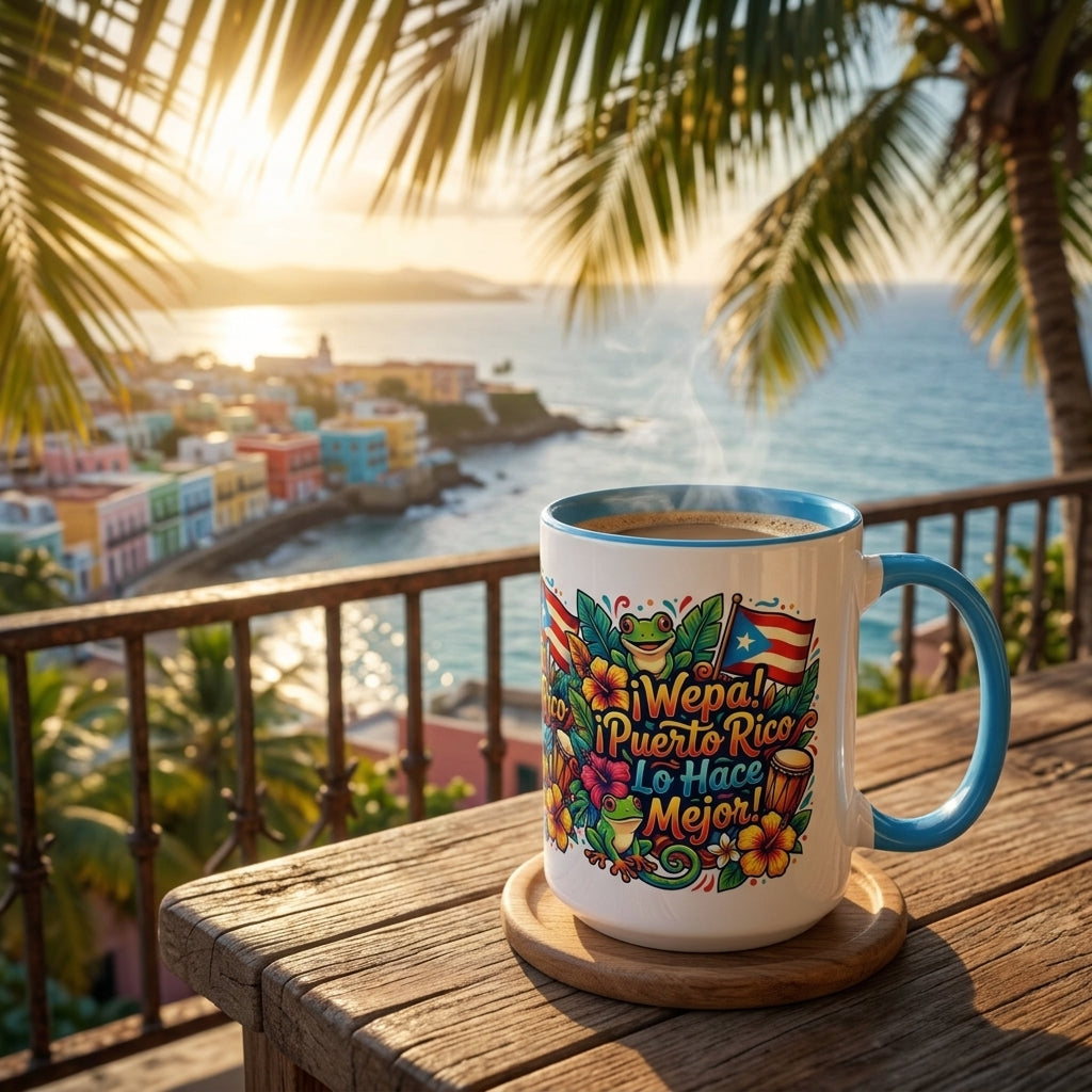 Wepa! Puerto Rico Lo Hace Mejor Accent Coffee Mug | Puerto Rican Flag, Coquí, Floral Design