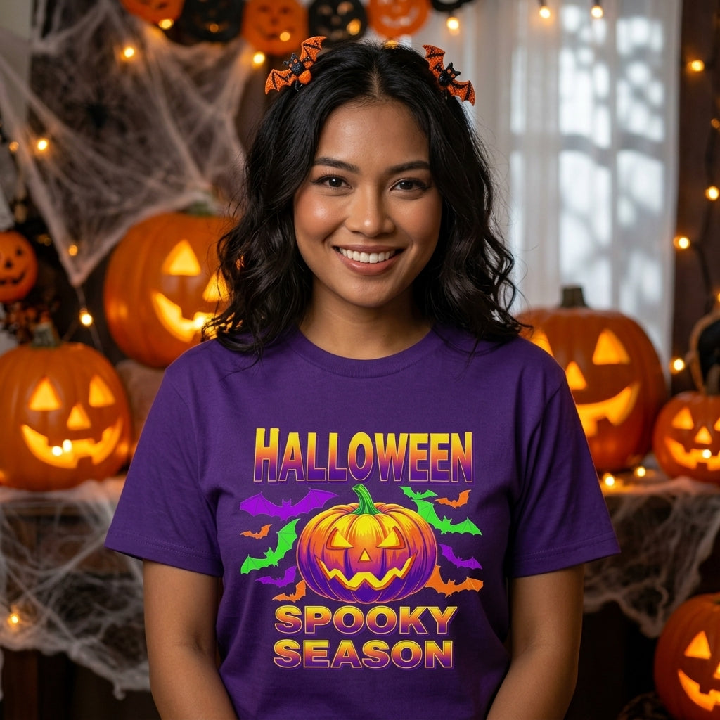 Retro Halloween T-Shirt | Neon Pumpkin & Bats 'Spooky Season' Tee | 80s/90s Style