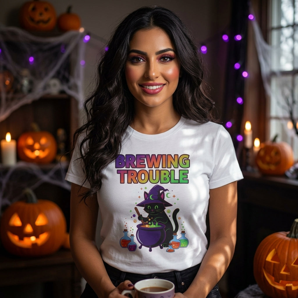 Brewing Trouble T-Shirt | Cute Witch Cauldron Halloween Graphic Tee