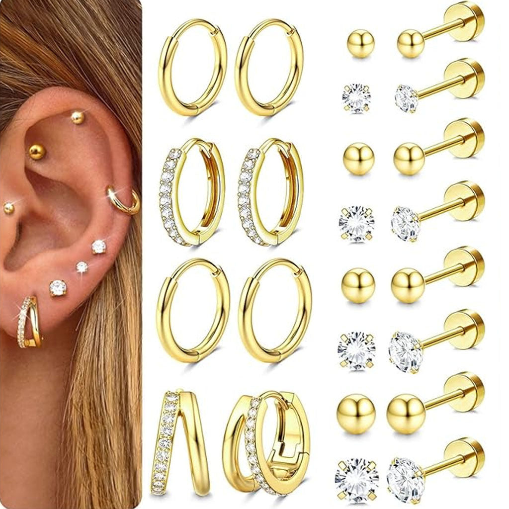 12-Pair Gold Earring Set – Hypoallergenic Studs & Huggie Hoops with Cubic Zirconia