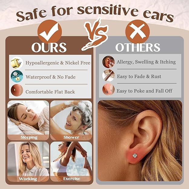 Comparison chart showing features of earrings safe for sensitive ears versus those not safe.