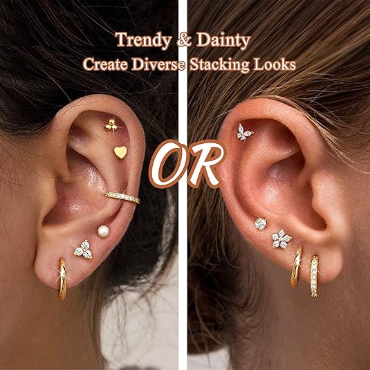 Two ears with multiple earrings on a blurred background, featuring text 'Trendy & Dainty Create Diverse Stacking Looks'.
