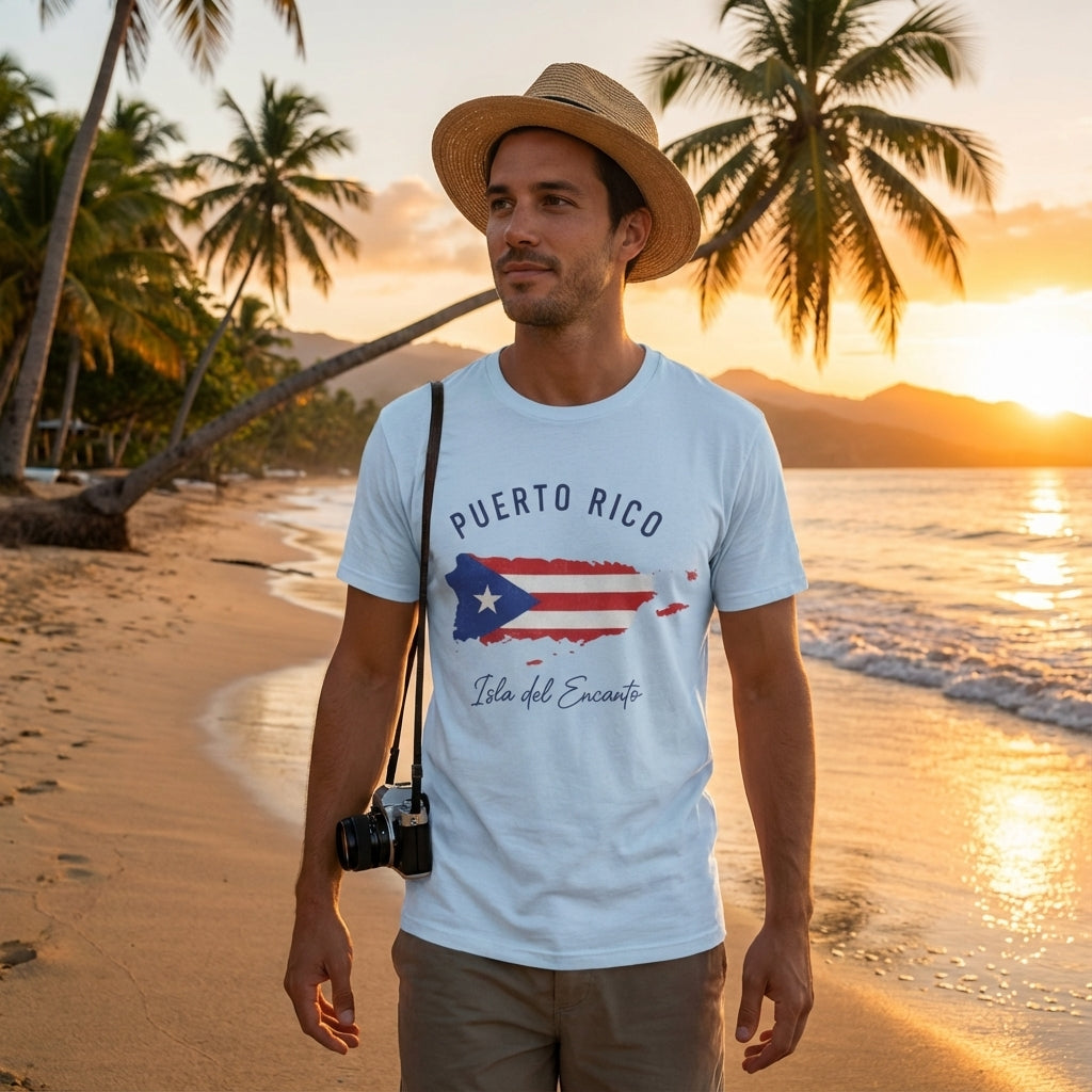 Man wearing a 'Puerto Rico' t-shirt on a beach at sunset