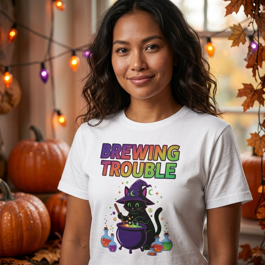 Brewing Trouble T-Shirt | Cute Witch Cauldron Halloween Graphic Tee