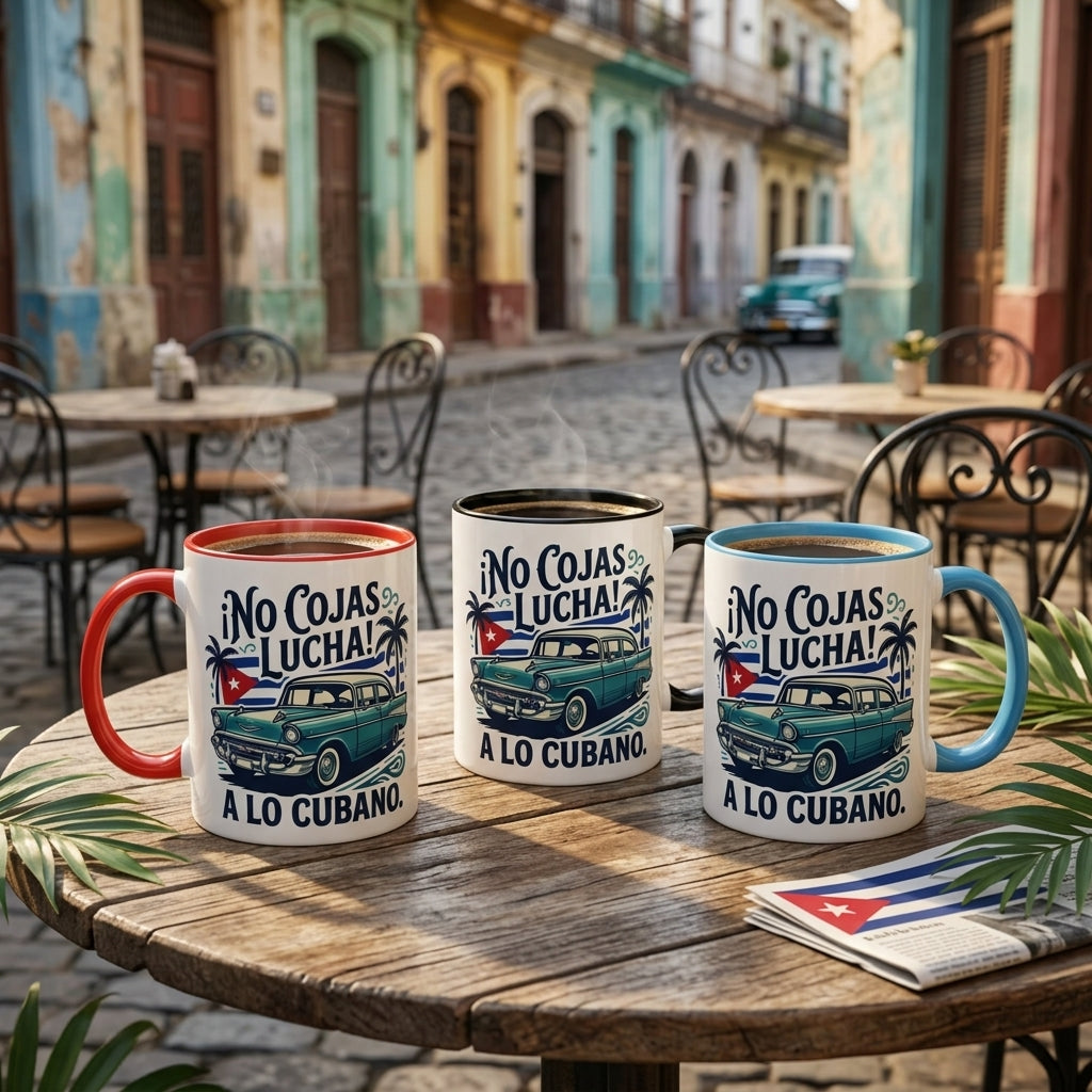 Three mugs with 'No Cojas Lucha! A Lo Cubano' text and car illustration on a table in a colorful street setting.