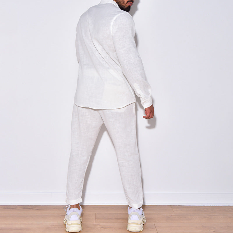 Men's Linen Lounge Suit - 2-Piece Solid Color Shirt & Pants Set