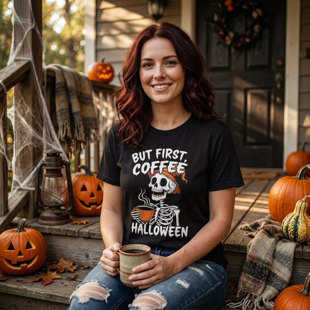 A woman sitting on a wooden porch wearing a black graphic t-shirt with a skeleton and coffee cup design that reads 'BUT FIRST COFFEE HALLOWEEN'. She is holding a mug and surrounded by pumpkins, spiderwebs, and autumn decorations.